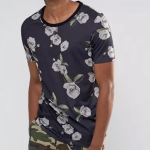 ASOS TALL Longline T-Shirt With Scoop Neck And All Over Pixel Floral Print